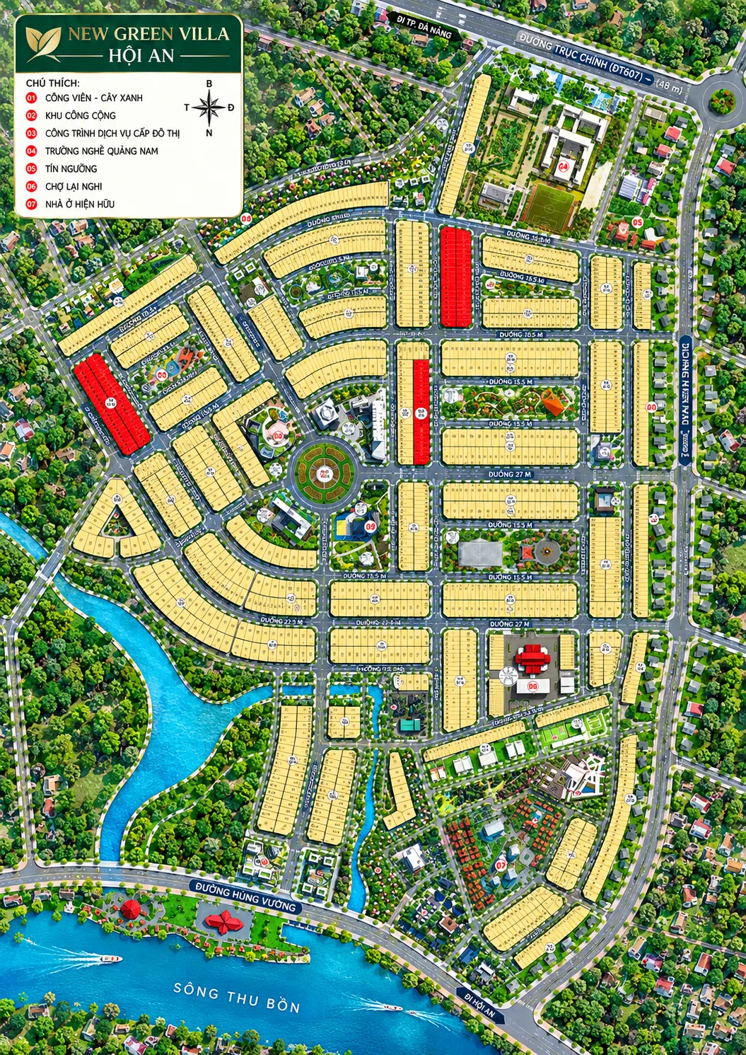 Mặt bằng tiện ích New Green Villa Hội An – chợ Lai Nghi, công viên, trường nghề, sông Thu Bồn